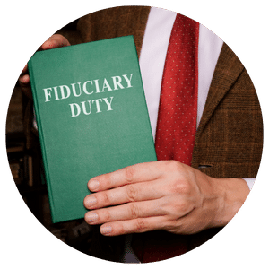 person in suit holding book entitled fiduciary duty 